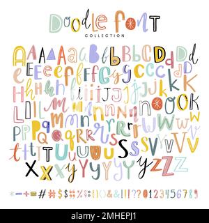 Alphabete, Satzzeichen und Zahlen Doodle Fonts Vektorset Stock Vektor