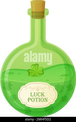 Glückstrank-Flasche. Klee in grüner Flüssigkeit. Alchemie, Vermögen, magisches Spielekonzept. Stock Vektor