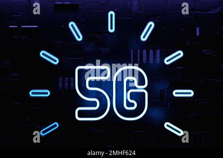 5G Neonsymbol oder Logo auf dunklem Hintergrund. 3D Abbildung Stockfoto