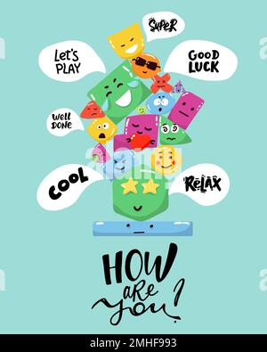 Geometrische Charakterformen mit Gesichtsgefühlen, verschiedene Zeichentrickfiguren. Niedliche bunte Formen, trendige Farben, handgezeichnete Texturen, Vektorillus Stock Vektor