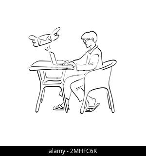 Strichkunst-Mann, der einen Laptop benutzt, um E-Mails zu Hause zu senden. Zeichnungsvektor, handgezeichnet, isoliert auf weißem Hintergrund Stock Vektor