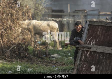 Gaza, Palästina. 25. Januar 2023. Ein Palästinenser steht vor seinem Haus in einem armen Viertel in der Stadt Beit Lahiya im nördlichen Gazastreifen, einem der am meisten vernachlässigten Viertel in Gaza, wo Familien kaum etwas zu essen finden. Kredit: SOPA Images Limited/Alamy Live News Stockfoto