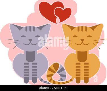 Grußkarte mit Katzenpaar und Herzen am Valentinstag Stock Vektor
