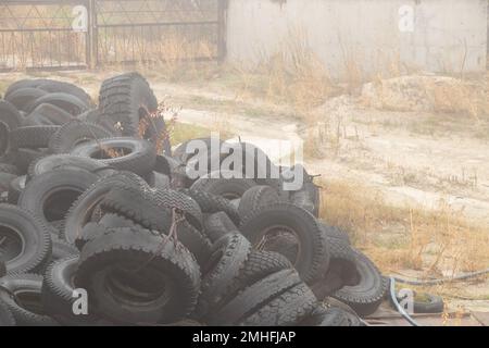 Altreifen liegen auf einer ukrainischen Deponie auf dem Boden, ein Umweltproblem der Branche Stockfoto