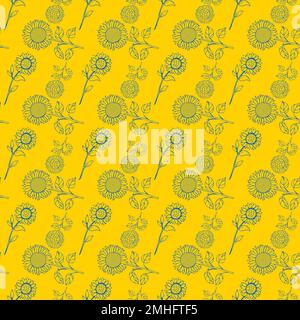 Nahtloses Muster mit Silhouetten aus Sonnenblumen in den Farben Gelb und Blau der ukrainischen Flagge Stock Vektor