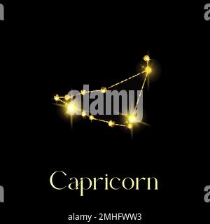Horoskop Capricorn-Sternbilder des Zodiakzeichens aus einer goldenen Textur auf schwarzem Hintergrund Stock Vektor
