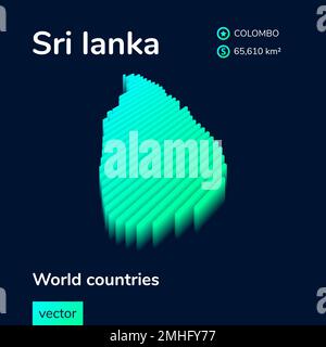 Stilisierte Neon-Digitalvektor-Sri lanka-3D-Karte mit isometrischen Streifen in Grün, Türkis und Mint Stock Vektor