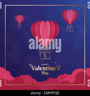 Happy Valentine's Day Modern Square Poster Vector Illustration. Feiertag Am 14. Februar. Heißluftballon Geschenkherz-Design am Nachthimmel. Post in sozialen Medien Stock Vektor