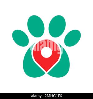 Hunde- oder Katzenpfote mit einem Kartensymbol. Symbol für den Standort der Tierhandlung. Haustierfreundliches Hotel. Tierklinik-Ortung. GPS-Positionsschild. Reiseziel Stock Vektor