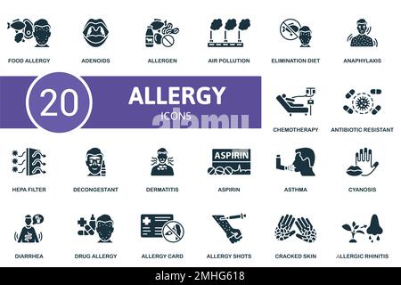 Symbolsatz für Allergie. Monochrome Simple Allergy Icon Kollektion. Lebensmittelallergie, Adenoide, Allergene, Luftverschmutzung, Eliminationsdiät, Arzneimittelallergie, Allergie Stock Vektor