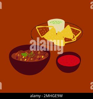 Mexikanische Küche mit Chili Con Carne und Nachos mit Guacamole auf rotem Hintergrund Stock Vektor