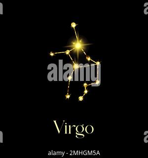 Horoskop Virgo Konstellationen des Zodiakzeichens aus einer goldenen Textur auf schwarzem Hintergrund Stock Vektor