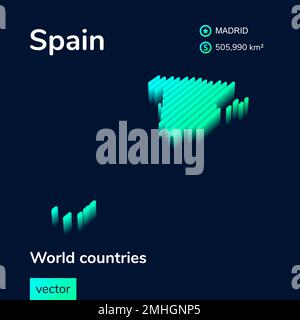 Karte Spanien 3D. Die stilisierte isometrische Neon-gestreifte Karte ist grün auf dunkelblauem Hintergrund Stock Vektor