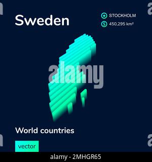 Stilisierte, gestreifte, isometrische Neonkarte Schwedens mit 3D-Effekt. Karte von Schweden Stock Vektor