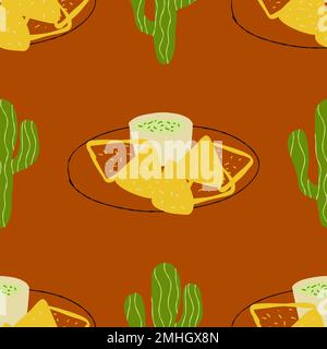 Nahtloses Muster mit traditionellen mexikanischen Nachos mit Guacamole-Illustration mit Kaktus Stock Vektor