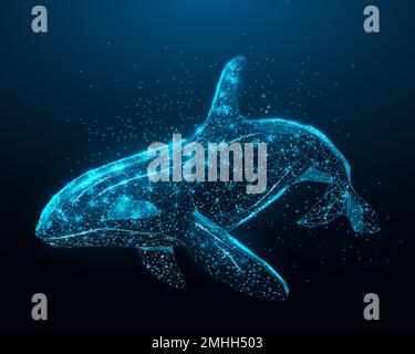 Killerwal. Drahtmodell leuchtender, tiefer Poly-Orca-Wal. Design auf dunkelblauem Hintergrund. Abstrakte futuristische Vektordarstellung. Stock Vektor