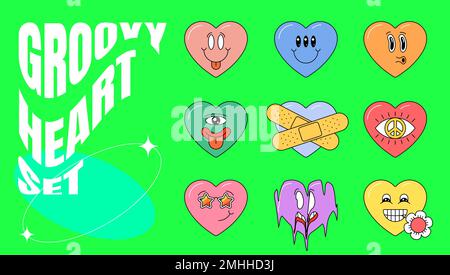 Groovy Retro-Stil hübsches herzförmiges Set. Psychedelische Hippie-verrückte Cartoon-Charaktere-Sammlung. Abstraktes Vintage Hippy verschiedene Emoji Valentinstag Aufkleber Pack. Emoticon trendige maskottchen mit Y2K Schlafzimmern Stock Vektor
