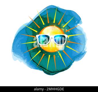 Ich liebe den Sommer. Hallo Sommer. Sonne in Brille. Sonne und Himmel in Aquarellfarben. Vektordarstellung Stock Vektor