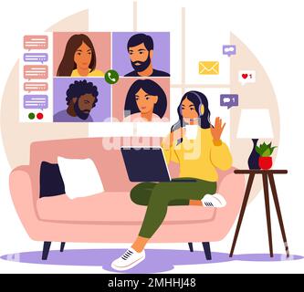 Videokonferenz. Personen auf dem Computerbildschirm, die mit Kollegen oder Freunden sprechen. Arbeitsbereich für Online-Meetings. Stock Vektor