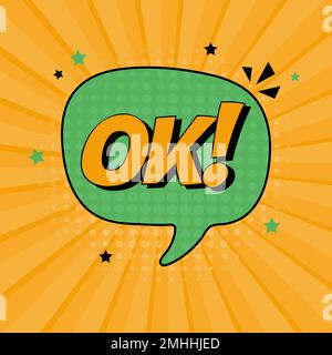 Comic-Sprechblase mit Ausdruckstext OK. Leuchtende dynamische Cartoon-Illustrationen im Retro-Pop-Art-Stil auf orangefarbenem Hintergrund. Vektor Stock Vektor