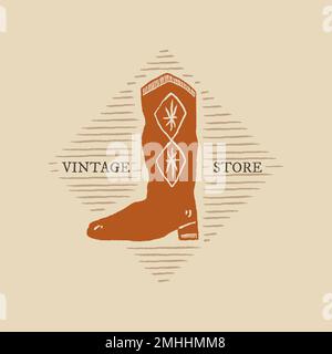 Cowboy Stiefel Logo Vektor Illustration mit editierbarem Text in Rodeo Thema Stock Vektor