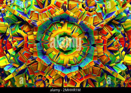 3D-Darstellung, psychedelischer Hintergrund. Einzigartiges Kaleidoskop-Design. Wunderschönes Illustrate. Muster für Konstruktion. Magische Grafiken. Stockfoto