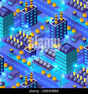 Städtische Industriefabriken Lagerhäuser Isometrische Nachtlichter Architektur 3D-Darstellung Technologie Stadtstraße mit vielen Bauhäusern und Skys Stock Vektor