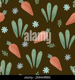 Nahtloses Muster mit Karotten und Blumen. Niedliche, von Hand gezeichnete, durchgehende Karotte auf dunklem Hintergrund. Super zu Ostern, Geschenkpapier Stockfoto