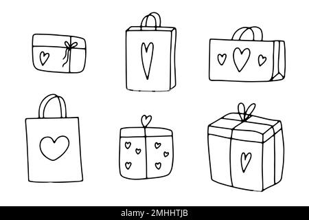 Süßes Doodle-Geschenkset. Handgezeichnete Geschenktasche isoliert auf weißem Hintergrund. Pakete mit Herz. Gliederungsfeiertag, Valentinstag, Geburtstag, Liebessymbo Stock Vektor