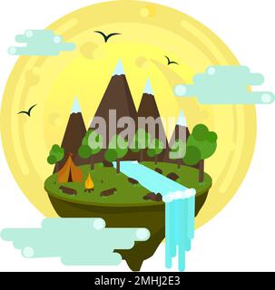 Cartoon Landschaft Vektor-Elemente mit Bergen, Hügeln, tropischen Bäumen und Gebäuden. Hügel und Berg Natur Illustration Stock Vektor