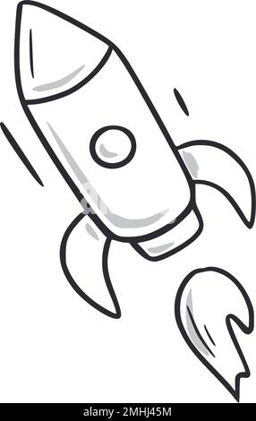 Raketenschiff Doodle. Von Hand gezeichnetes Symbol im Stil eines Raketenschiffes. Start, Weltraumkritzelzeichnung. Vektordarstellung. Stock Vektor