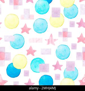 Abstraktes Digitalpapier, Watercolor Kids Endless Pattern, pinkfarbener und blauer Hintergrund mit geometrischen Formen, von Hand gezeichnetes Wiederholungsmuster für Stoff, Drucke des Stockfoto