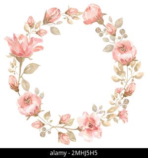 Aquarell Korallen Blumenkranz Clipart, Rosa Pfingstrose Arrangement Illustration, zarte Pfirsich Rahmen, Boho Hochzeit Bouquet, Baby-Dusche Stockfoto