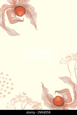 Hintergrund mit Aquarell-Physalis und Blättern. Abstraktes Kunstdesign im Hintergrund für Hochzeiten und vip-Cover-Vorlagen. Stock Vektor
