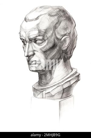 Akademisches Zeichnen - Gipsmodell der Gattamelata-Kopfhand, gemalt mit einem normalen Bleistift auf weißem Papier Stockfoto