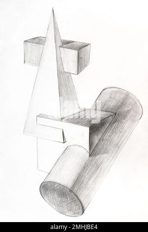 Akademisches Zeichnen – abstrakte Komposition mit geometrischen Formen, handgezeichnet mit einem normalen Bleistift auf weißem Papier Stockfoto