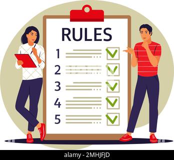Leute, die eine Liste von Regeln studieren. Checkliste wird erstellt. Leserichtlinie. Vektordarstellung. Flach. Stock Vektor