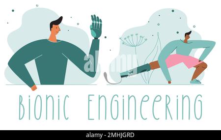 Der Sportmann hat eine Geburtsanomalie, ein bionisches Bein, einen Titanfuß und einen Menschen mit Behinderung eine bionische Hand oder ein Implantat. Vektordarstellung mit Stock Vektor