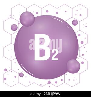 Vitamin-B2-Glanzpille-Symbol. Vitaminkomplex mit chemischer Formel, Gruppe B, Riboflavin. Leuchtende Substanz fällt. Medikamente für Heidenanzeigen. Vektor Stock Vektor