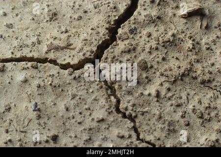 Trockenes Land in der Trockenzeit Dürre, Bodenrisse, kein heißes Wasser. Mangelnde Luftfeuchtigkeit durch globalen Rissboden in Dürre abstrakte Natur Stockfoto