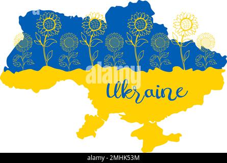 Karte der Ukraine mit Sonnenblumen und handschriftlicher Stilschrift in den Farben Gelb und Blau der ukrainischen Flagge Stock Vektor