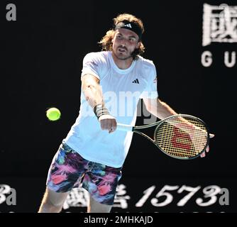 Melbourne, Australien. 27. Januar 2023. Australian Open 2023 Melbourne Park Day 12 27./01/2023 Stefanos Tsitsipas (GRE) gewinnt Halbfinalspiel Guthaben: Roger Parker/Alamy Live News Stockfoto