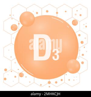 Vitamin-D-Glanzpille-Symbol. Vitaminkomplex mit chemischer Formel, Vitamin D3. Leuchtende Substanz fällt. Medikamente für Heidenanzeigen. Vektor Stock Vektor