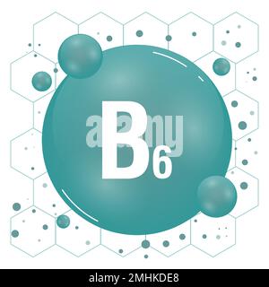 Vitamin-B6-Glanzpille-Symbol. Vitaminkomplex mit chemischer Formel, Gruppe B, Pyridoxin. Leuchtende Substanz fällt. Medikamente für Heidenanzeigen. Vektor Stock Vektor