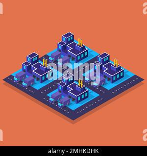 Städtische Industriefabriken Lagerhäuser Isometrische Nachtlichter Architektur 3D-Darstellung Technologie Stadtstraße mit vielen Bauhäusern und Skys Stock Vektor