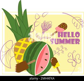 Rechteckige Grußkarte hallo Sommer mit Ananas und Wassermelone auf Gelber Hintergrund Stock Vektor