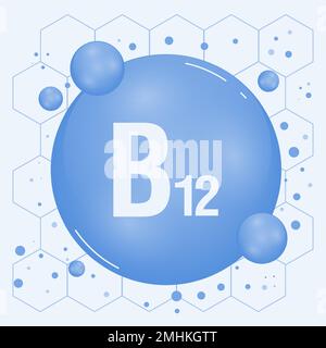 Vitamin-B12-Glanzpille-Symbol. Vitaminkomplex mit chemischer Formel, Gruppe B, Cobalamin. Leuchtende Substanz fällt. Medikamente für Heidenanzeigen. Vektor Stock Vektor