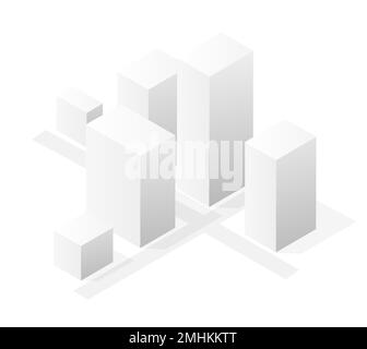 Eine vektorisometrische Darstellung einer weißen Stadt auf weißen Straßen Stadtgebäude moderne Stadthäuser und Wolkenkratzer. Eine isometrische Erkrankung in Papierform Stock Vektor