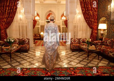 Wearing a Moroccan caftan Ivanka Trump the daughter and senior adviser to President Donald Trump walks to greet Princess Lalla Meryem of Morocco Thursday Nov. 7 2019 before a dinner at the