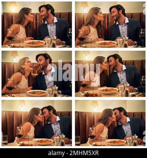 Romantik - sagt es mit Essen. Zusammengesetzte Aufnahme eines liebevollen jungen Paares, das ein romantisches Dinner-Date in einem Restaurant genießt. Stockfoto